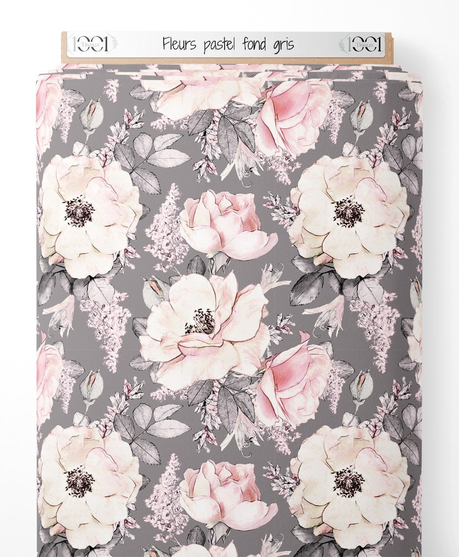 Tissu - Fleurs pastel sur fond gris