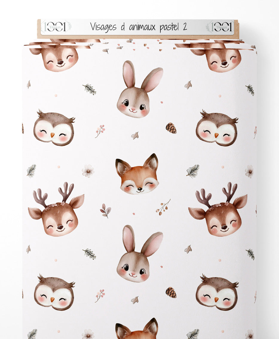 Tissu - Visages d'animaux pastel 2