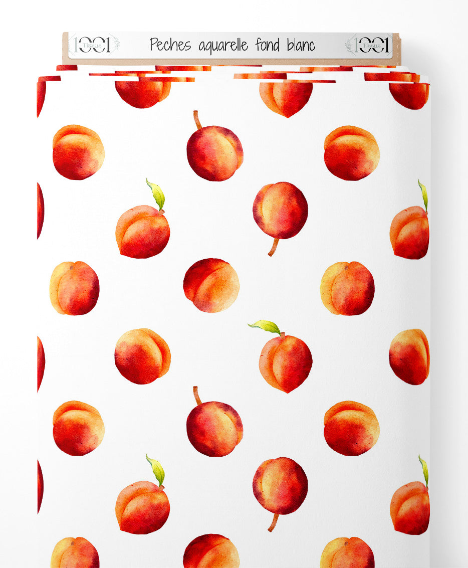 Tissu - Pêches aquarelle fond blanc