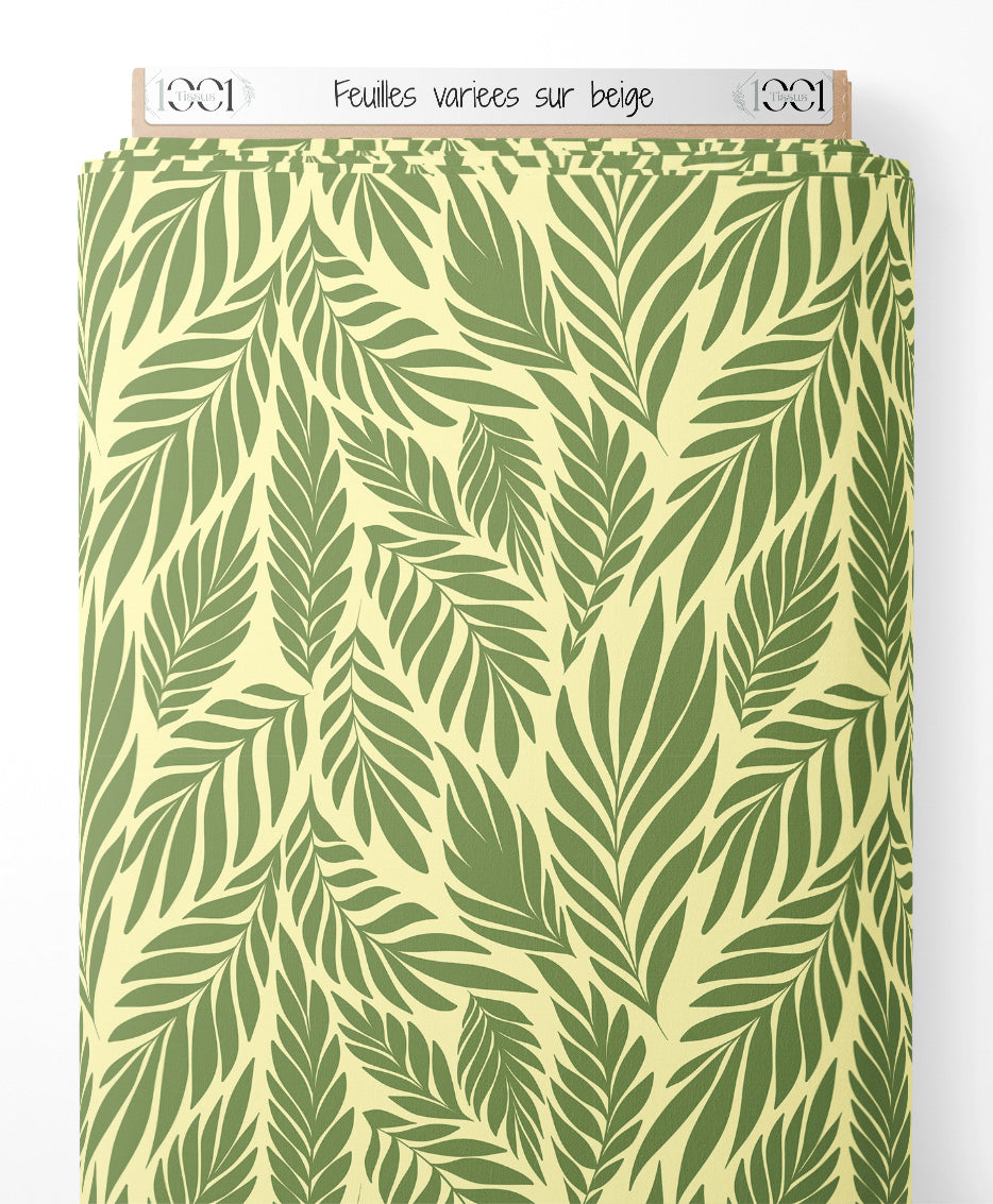 Tissu - Feuilles variées sur beige