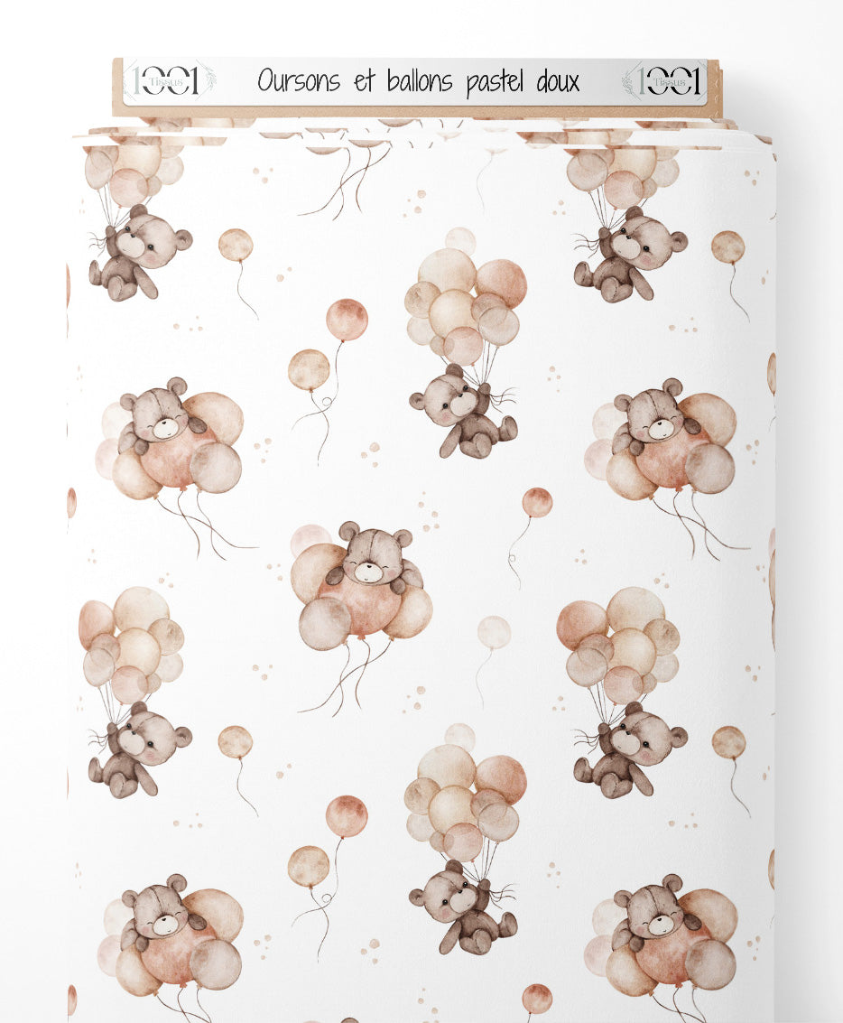Tissu - Oursons et ballons pastel doux
