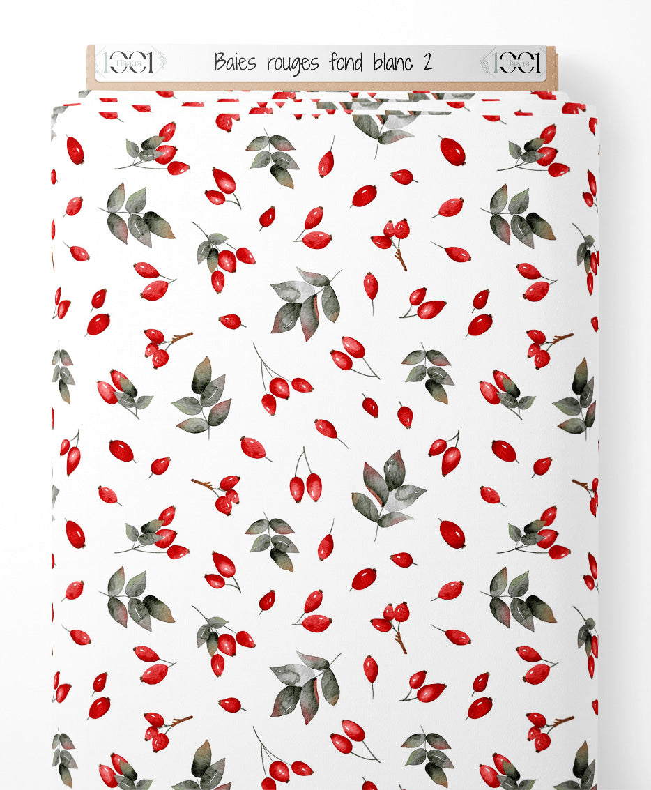 Tissu - Baies rouges sur fond blanc 2
