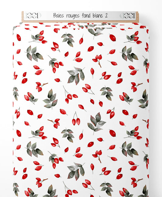 Tissu - Baies rouges sur fond blanc 2