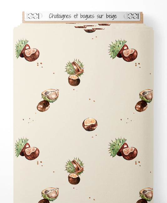 Tissu - Châtaignes et bogues sur beige