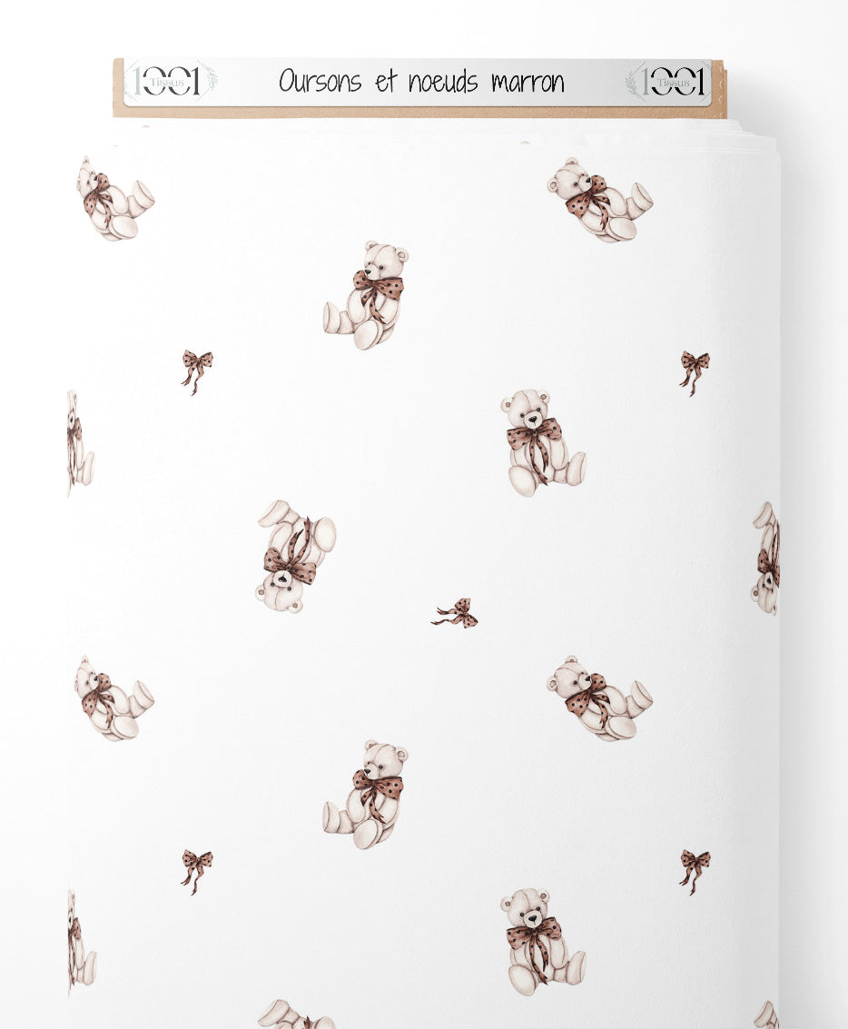 Tissu - Oursons et nœuds marron