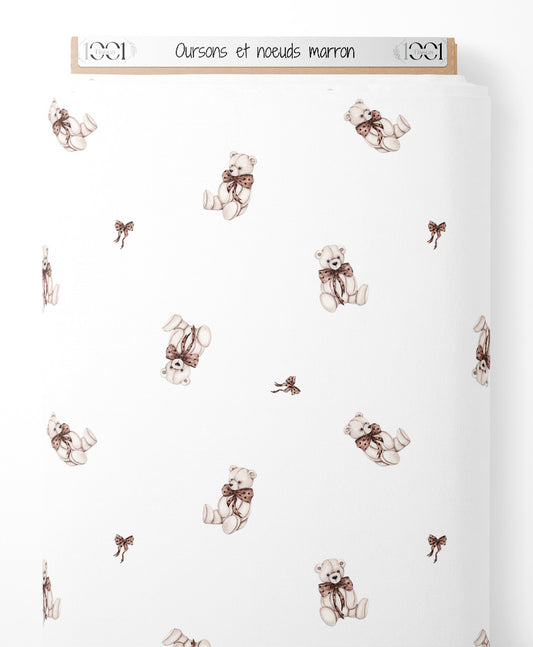 Tissu - Oursons et nœuds marron
