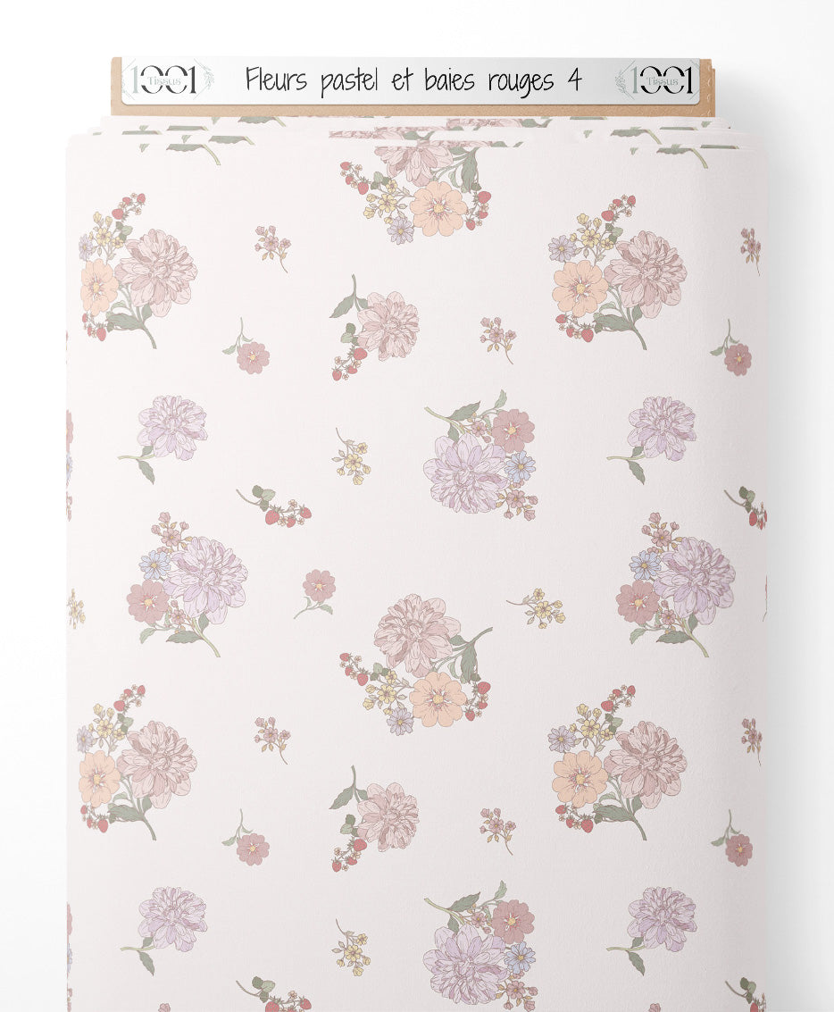Tissu - Fleurs pastel et baies rouges 4