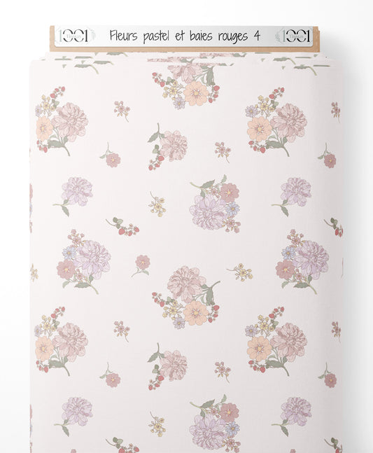 Tissu - Fleurs pastel et baies rouges 4