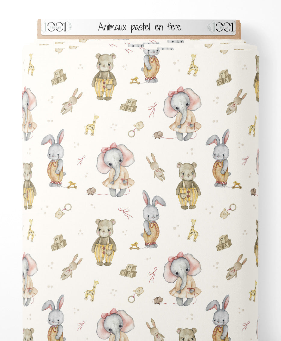 Tissu - Animaux pastel en fête