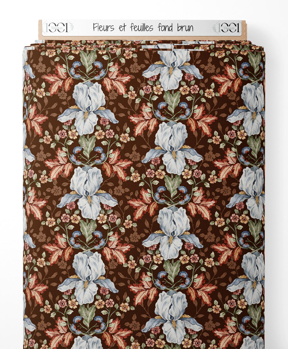 Tissu - Fleurs et feuilles sur fond brun