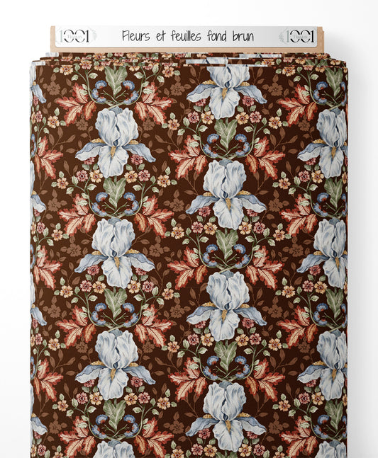 Tissu - Fleurs et feuilles sur fond brun