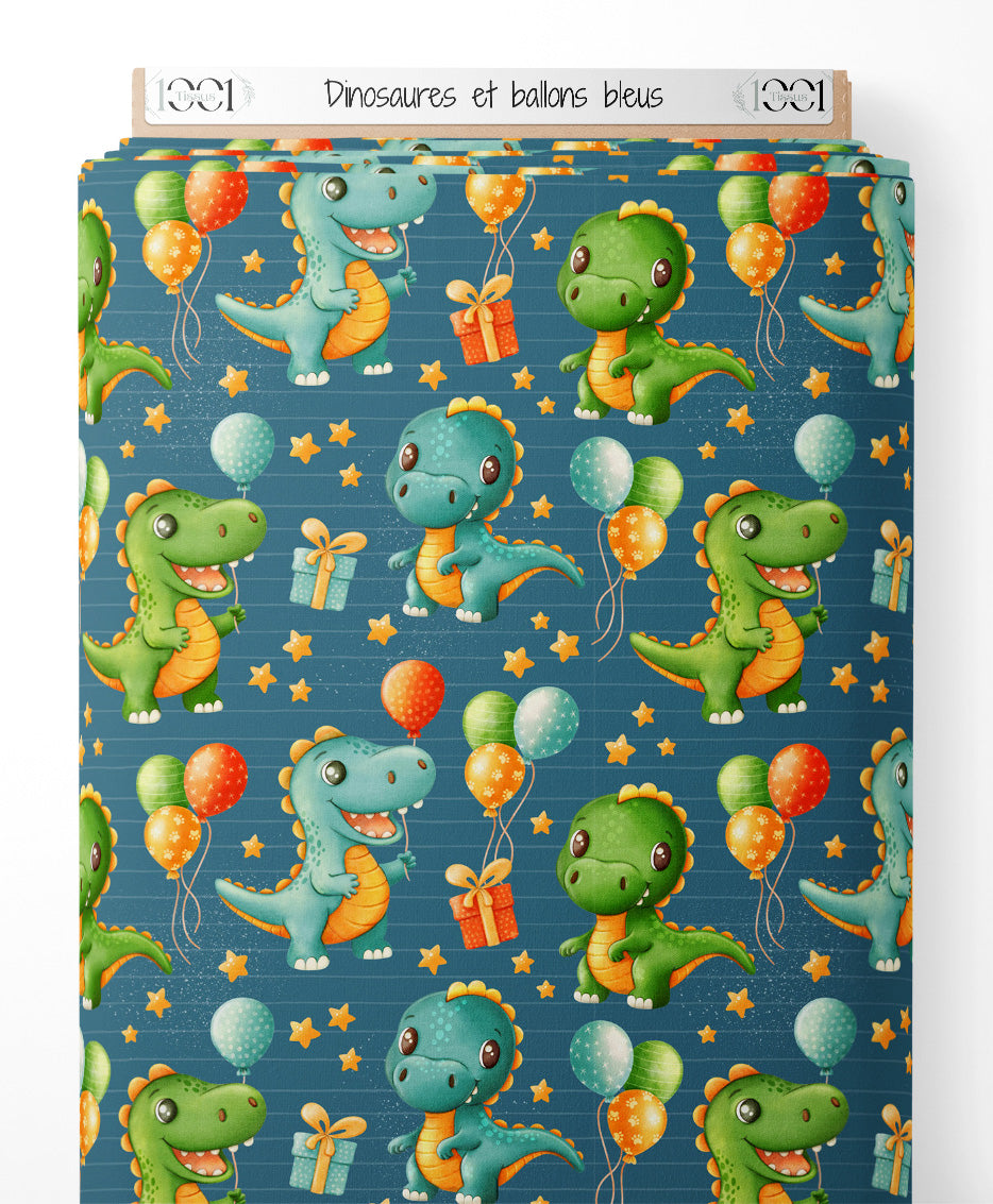 Tissu - Dinosaures et ballons bleus