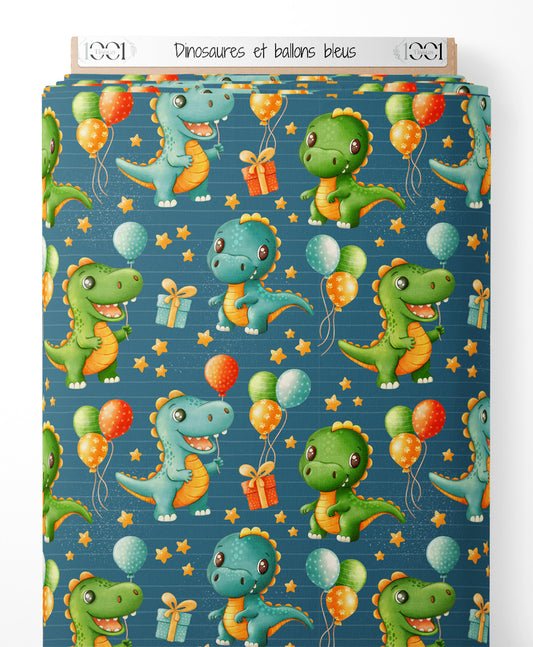 Tissu - Dinosaures et ballons bleus