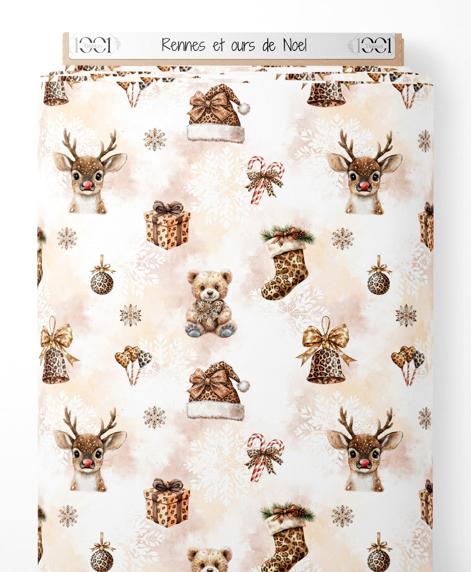 Tissu - Rennes et ours de Noël