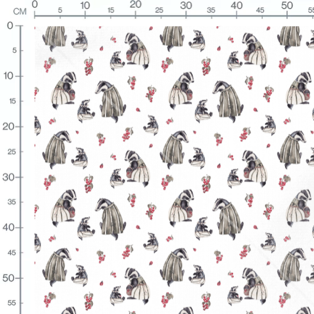Tissu - Blaireaux et baies rouges blanc
