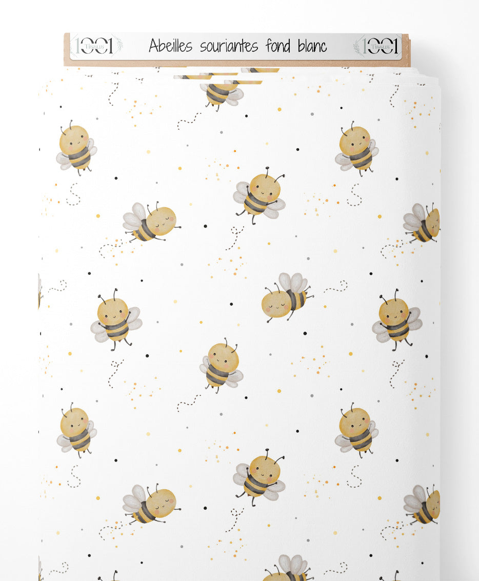 Tissu - Abeilles souriantes sur fond blanc