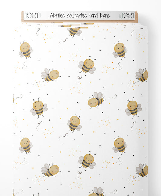 Tissu - Abeilles souriantes sur fond blanc