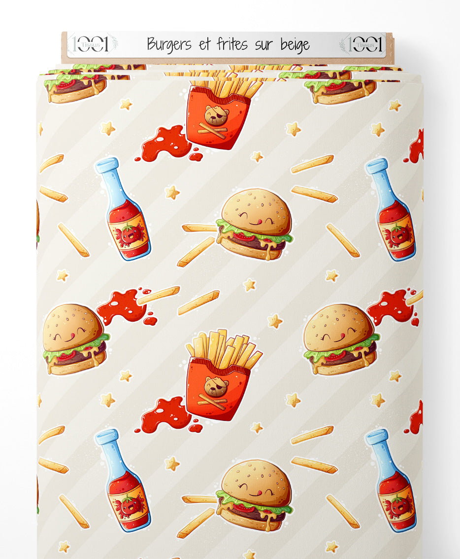 Tissu - Burgers et frites sur beige