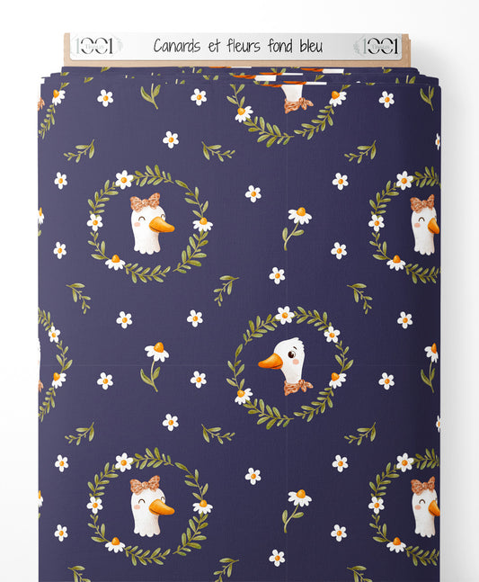 Tissu - Canards et fleurs sur fond bleu