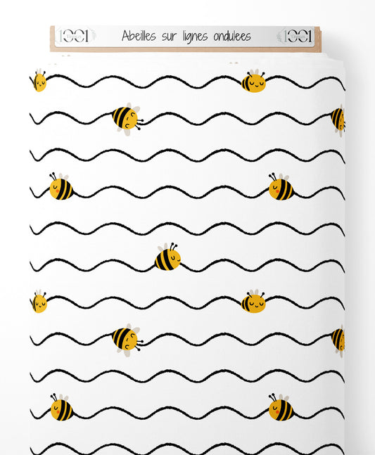 Tissu - Abeilles sur lignes ondulées