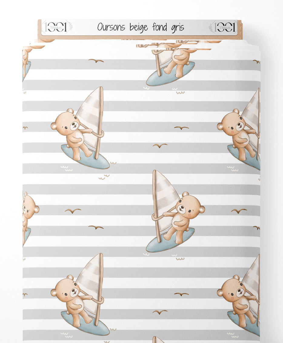 Tissu - Oursons beige sur fond gris