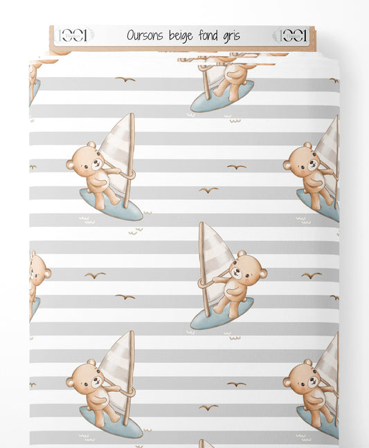 Tissu - Oursons beige sur fond gris