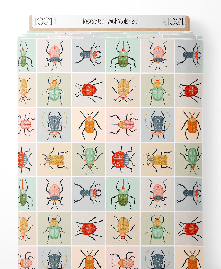 Tissu - Insectes multicolores sur fond