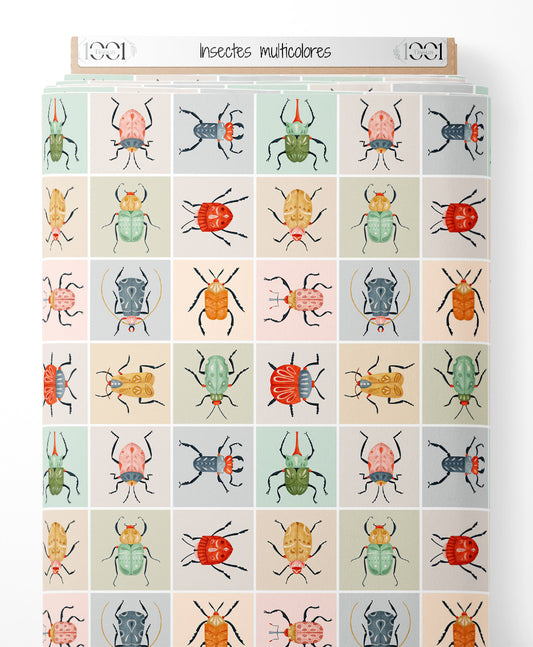 Tissu - Insectes multicolores sur fond