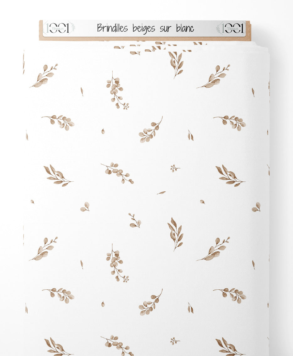 Tissu - Brindilles beiges sur blanc