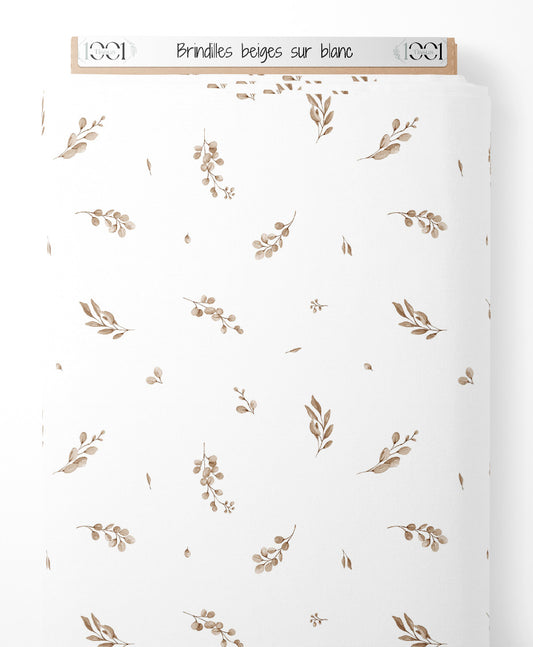 Tissu - Brindilles beiges sur blanc