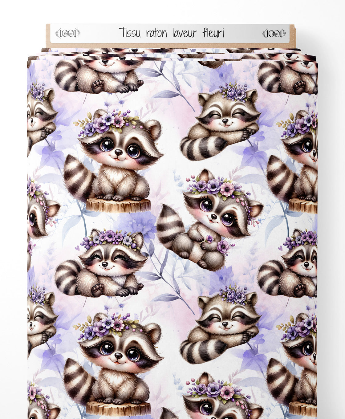 Tissu - raton laveur fleuri