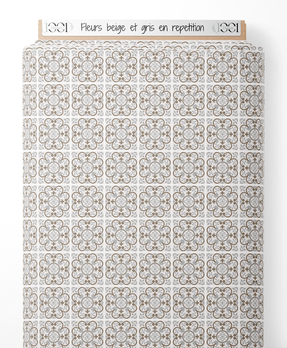 Tissu - Fleurs beige et gris en répétition