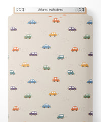 Tissu - Voitures multicolores sur fond