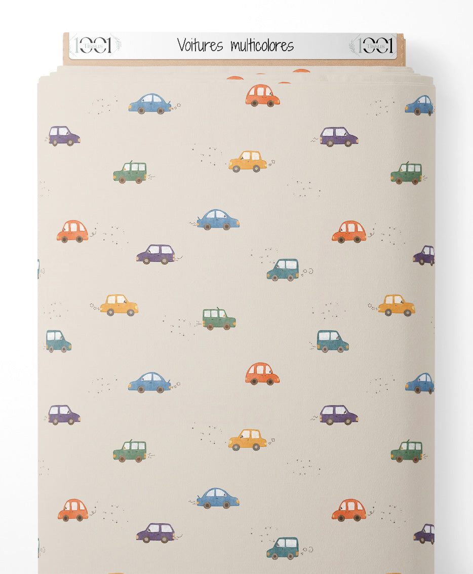 Tissu - Voitures multicolores sur fond