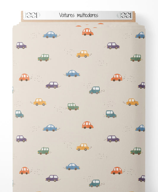 Tissu - Voitures multicolores sur fond