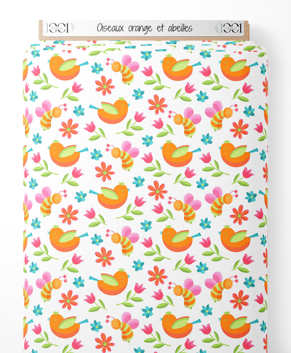 Tissu - Oiseaux orange et abeilles