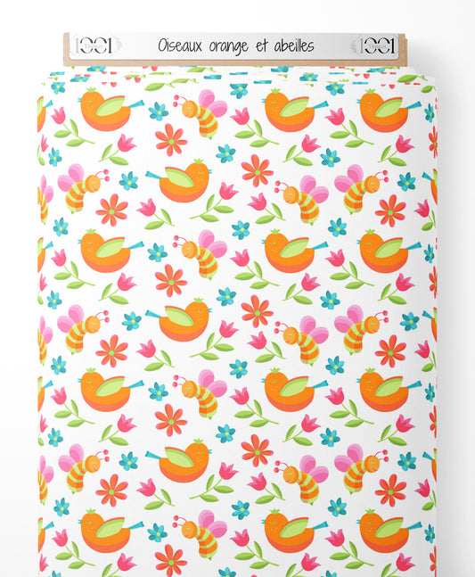 Tissu - Oiseaux orange et abeilles