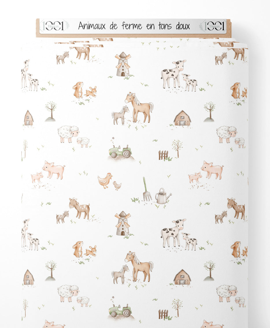 Tissu - Animaux de ferme en tons doux