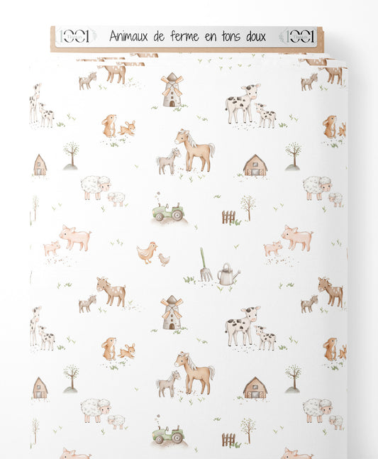 Tissu - Animaux de ferme en tons doux