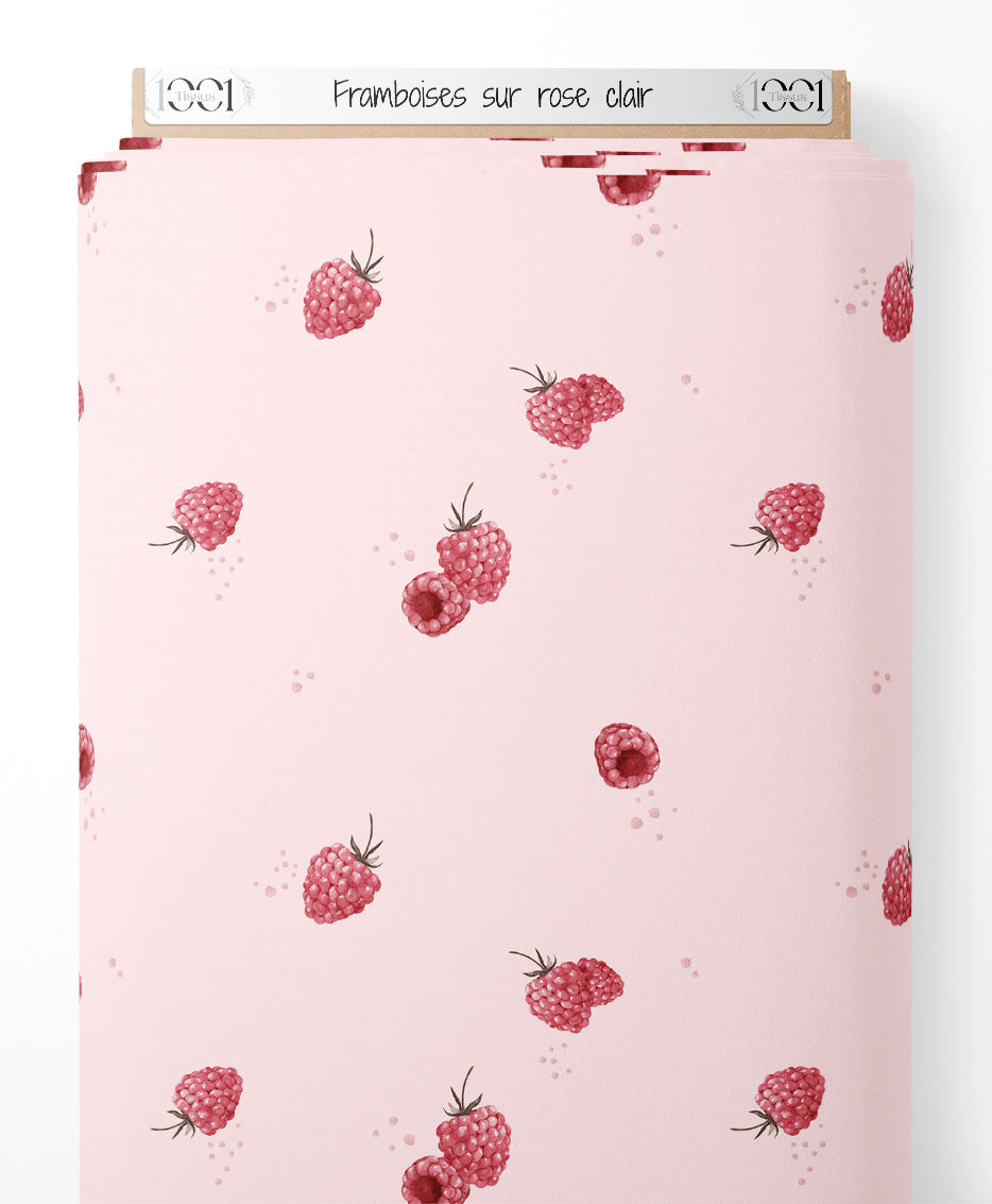 Tissu - Framboises sur rose clair
