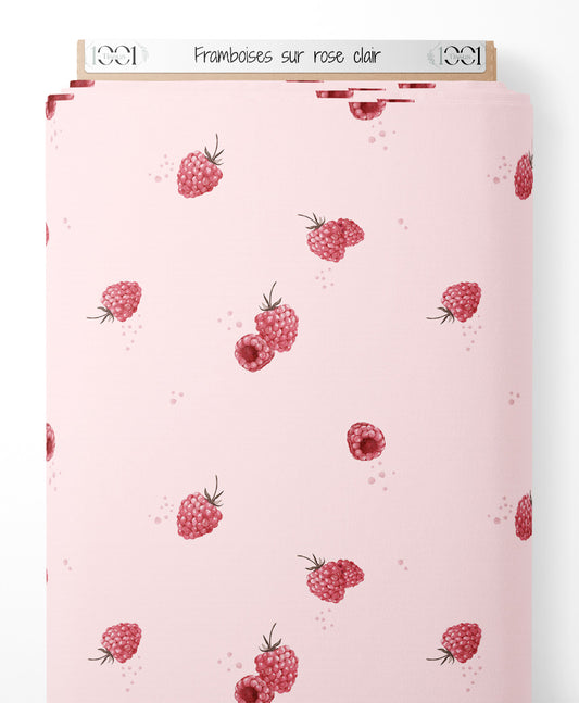 Tissu - Framboises sur rose clair