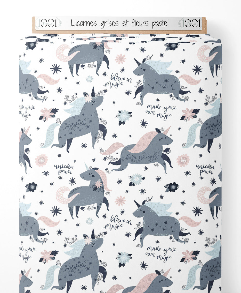 Tissu - Licornes grises et fleurs pastel