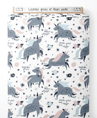 Tissu - Licornes grises et fleurs pastel