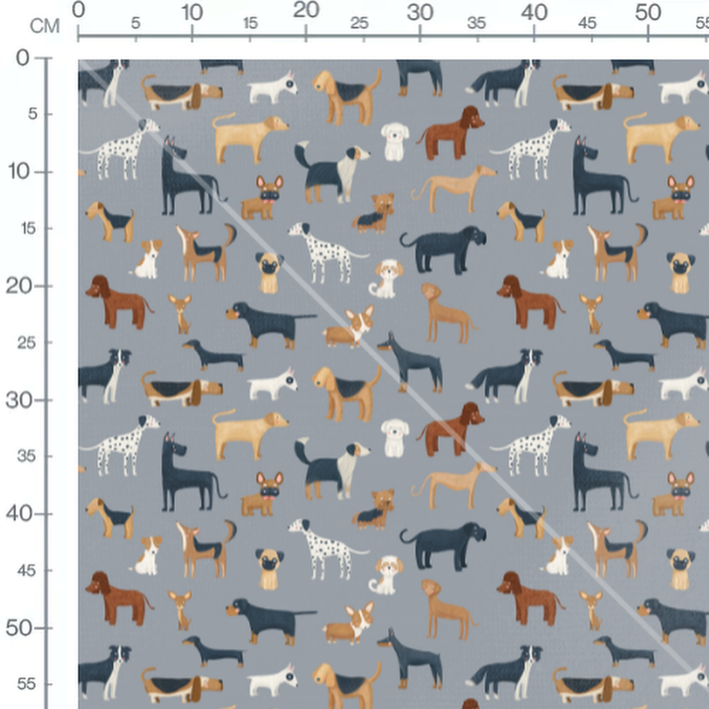 Tissu - Chiens variés sur fond gris