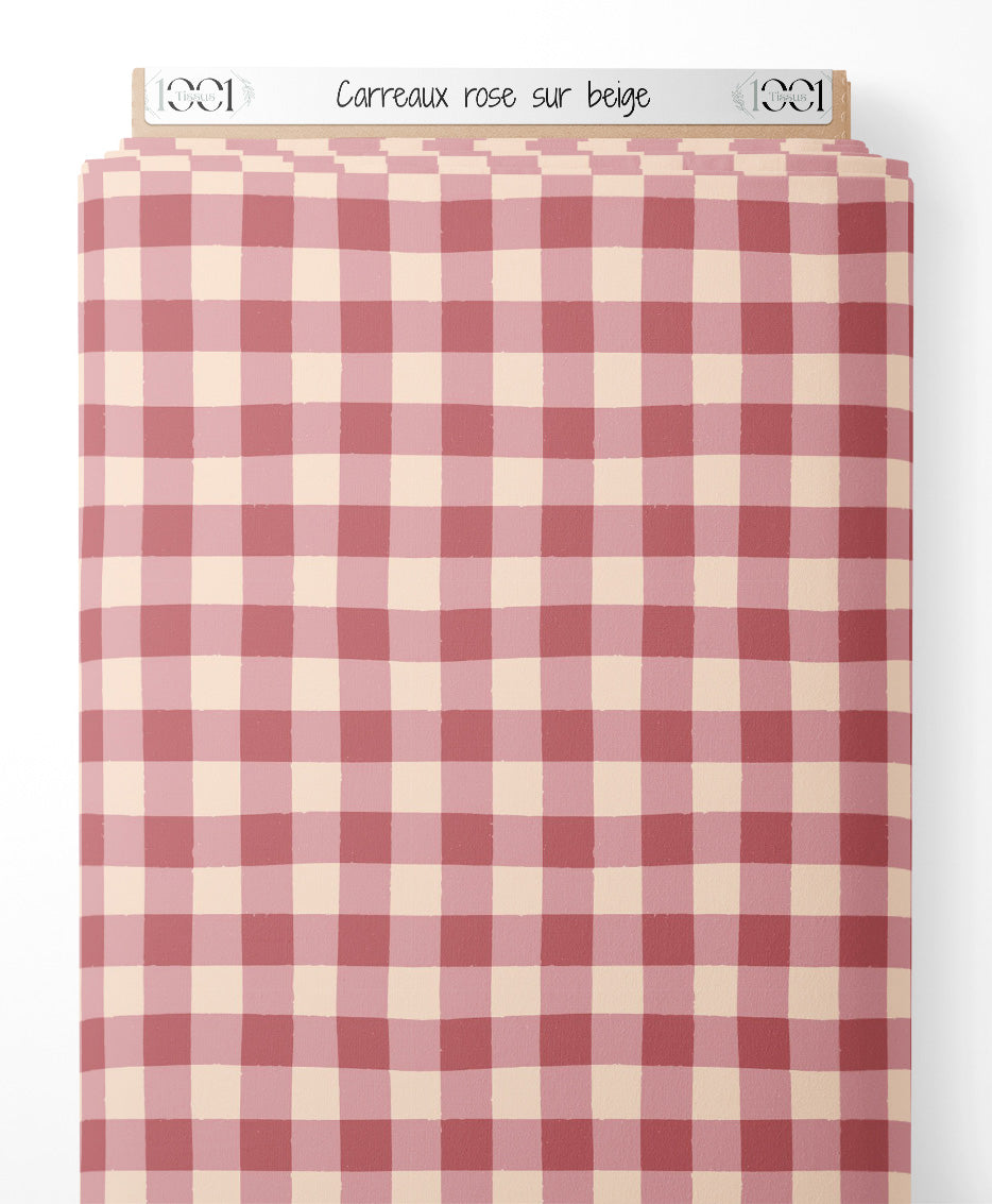 Tissu - Carreaux rose sur beige