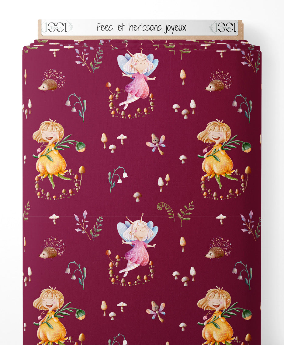 Tissu - Fées et hérissons joyeux