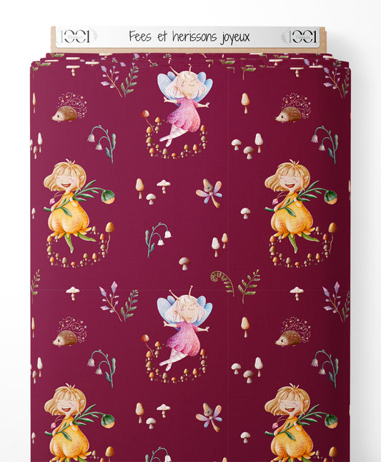 Tissu - Fées et hérissons joyeux