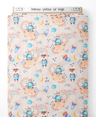 Tissu - Animaux spatiaux sur beige