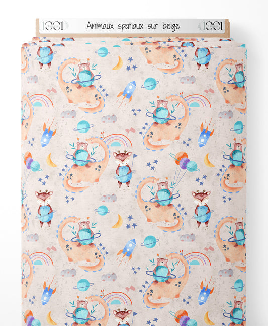 Tissu - Animaux spatiaux sur beige