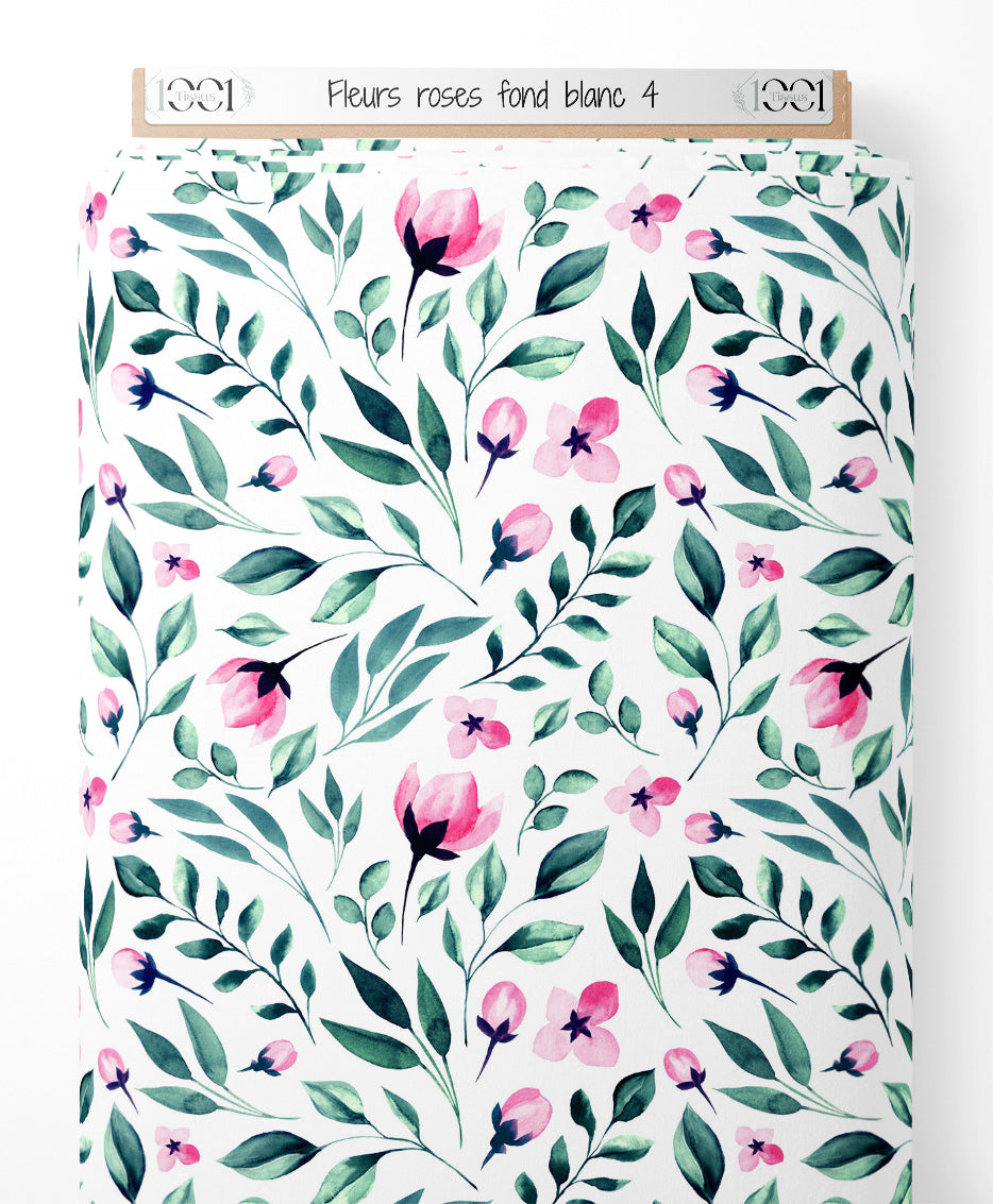 Tissu - Fleurs roses sur fond blanc 4